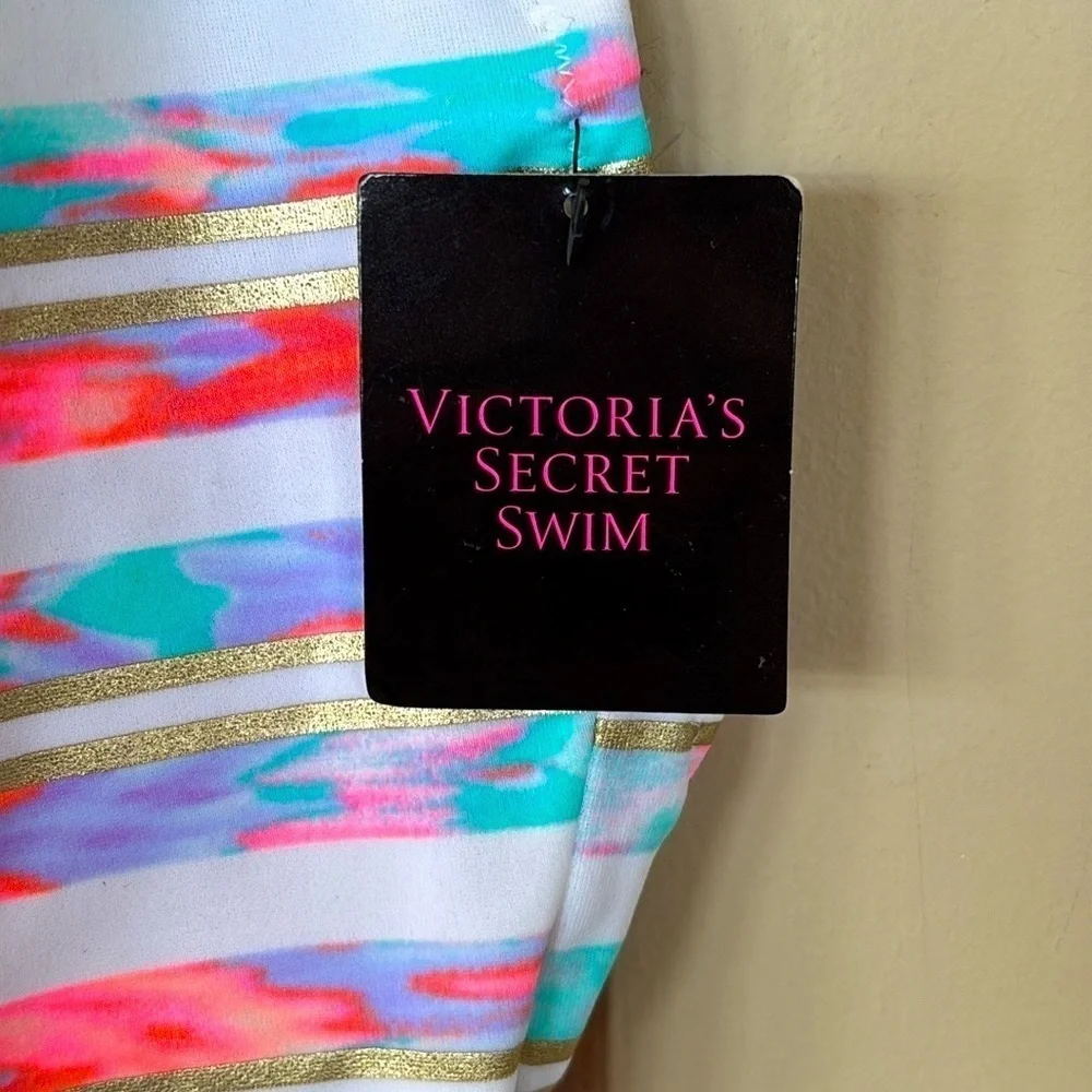 Brand New Victoria's Secret Swimsuit High Neck Strappy Back White Bright Coral